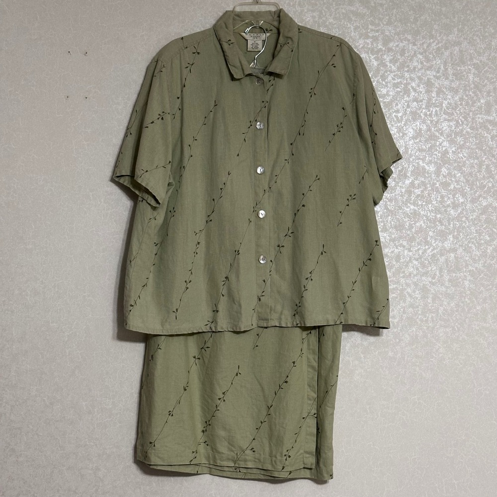 Outfit Woman JPR 100% Linen 2pc Set Botanical Vine Wrap Skirt & Shirt Green 1X